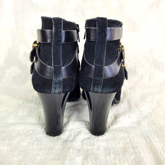 INC black suede boots ankle straps gold buckles patent heels dressy boho fancy 7 - Picture 2 of 10